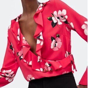 ZARA Red Floral Ruffle Wrap Bodysuit – Size Small